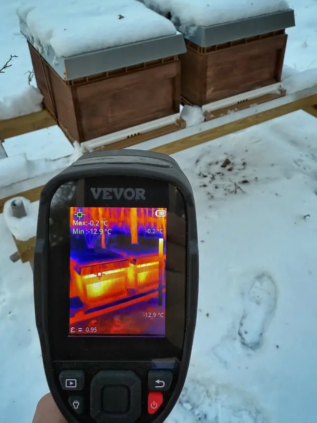 Das schaut doch schon mal nicht schlecht aus 👍🏼 Kleine Kontrolle mit der Wärmebildkamera und dabei gleich mal den Schnee vorm Flugloch entfernt ❄️ Jetzt wirds richtig kalt, hoffentlich kommen sie durch 🐝 Nutzt ihr auch schon Wärmebildkameras für die kleine Inspektion zwischendurch? 📸 #imker #winter #bienen #schnee #kleinsendelbach
